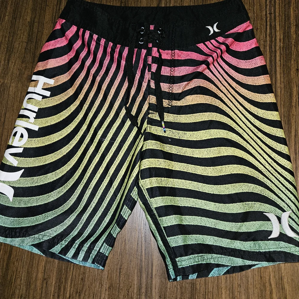 Hurley Kids Black and Neon Striped Swim Trunks Size 10